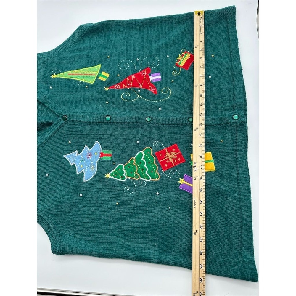Women's Christmas Sweater Vest‎ Green Embroidered Holiday Trees Size 20 - Picture 5 of 6